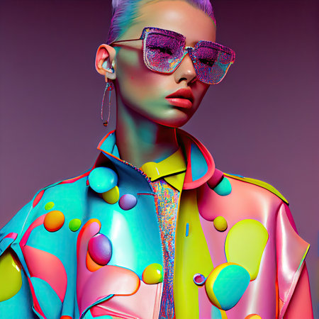 a woman wearing sunglasses and a colorful shirt with an abstract pattern on the top half of her jacket, she is looking at theの素材