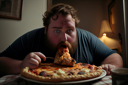 a man eating a slice of pizza with his mouth in the cameras eye while sitting at a tableの素材