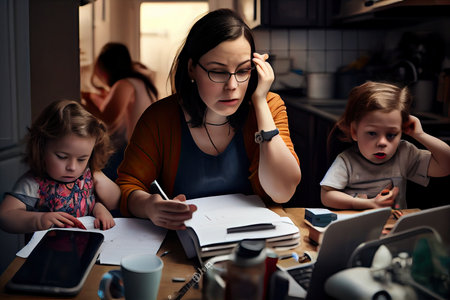 a woman sitting at a table with two young girls working on their laptops and one is holding a penの素材