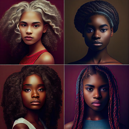 four women with different braids on their hair, one is wearing a red top and the other is wearing blackの素材