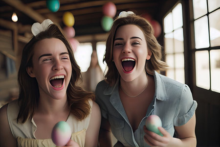 two women laughing and holding easter eggs in their hands while they look at each other womans face with open mouthsの素材