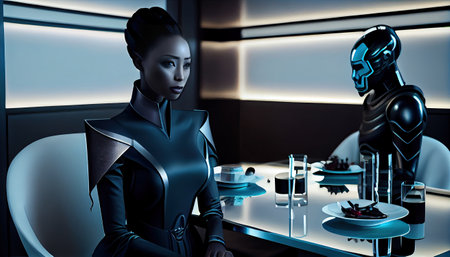 a woman sitting at a table in front of a robot that is standing next to her and looking into the distanceの素材