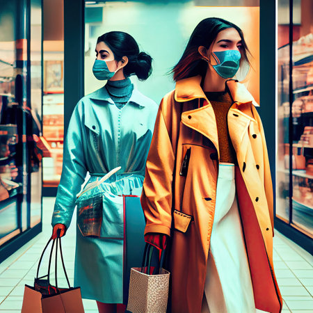 two women wearing face masks and carrying shopping bags while walking down the street in front of an empty storefrontの素材