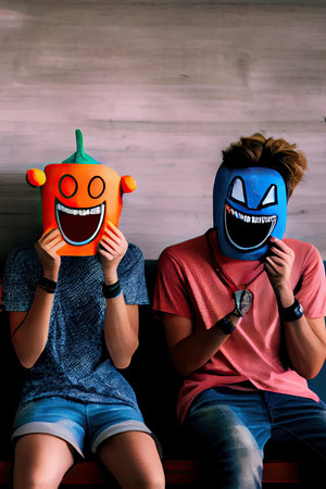 two people sitting on a bench with masks covering their faces as they look at each other persons faceの素材