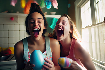 two girls laughing and holding easter eggs in front of their faces while they look at each other ones faceの素材