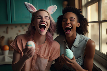 two women with bunny ears on their heads, one is holding an ice cream and the other is wearing bunny earsの素材