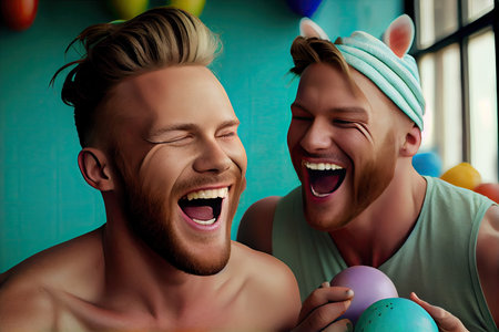 two men laughing and holding easter eggs in front of each other mans face, both with their mouths openの素材