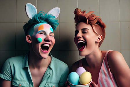 two people with their faces painted to look like unicorns, one is holding an ice cream cone and the other is smilingの素材