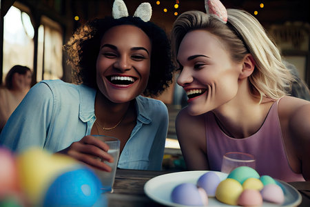 two women laughing at each other woman with easter eggs on the table in front of them, both wearing bunny earsの素材