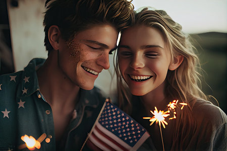 a young man and woman holding sparklesticks with an american flag in front of them to celebrate the 4th of julyの素材