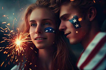 two people with their faces painted in the colors of the american flag and holding sparklesticks over their eyesの素材
