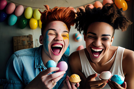 two people that are laughing and holding doughs in front of each other womens faces, with balloons all around themの素材