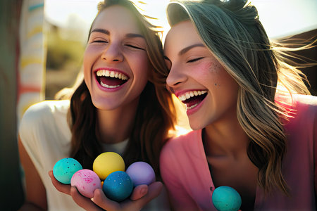 two girls smiling and holding easter eggs in front of their faces while they look at each other womens eyesの素材