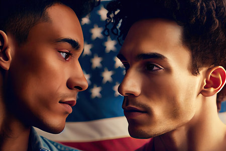 two men looking at each other mans face with an american flag in the background and text that says, i love youの素材