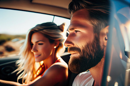 a man and woman sitting in the back seat of a car, looking at each other people who are drivingの素材