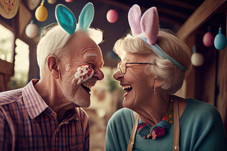 an older man and woman with bunny ears on their heads, looking at each other mens faces as they laughの素材