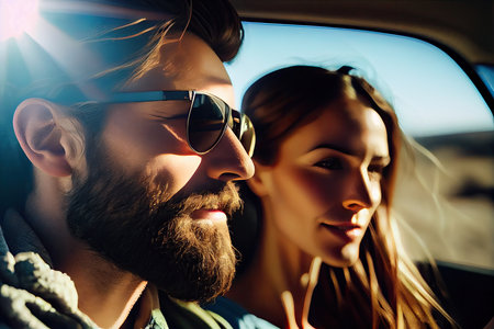 a man and woman in the back seat of a car, looking at each other people who are sitting behind themの素材