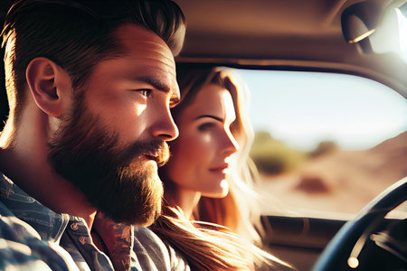 a man and woman in the back seat of a car looking at each other people who are sitting behind themの素材