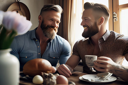 two men sitting at a table with food in front of them and one is holding a coffee cup while the other man looks onの素材