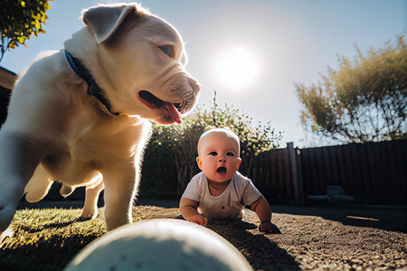 a baby and a dog in the grass with sun shining through the trees behind them on a sunny, clear dayの素材