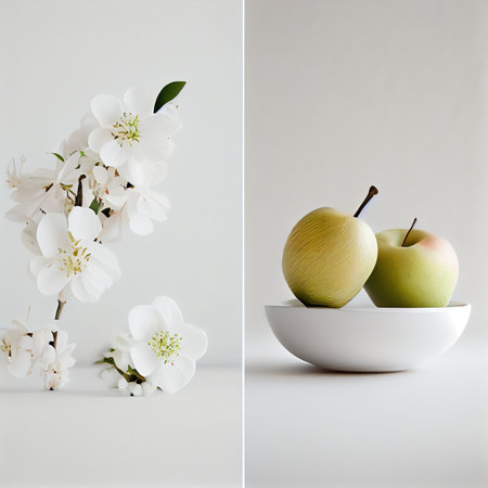 an apple in a bowl with flowers on the side and two apples in a white bowl next to each other one. Generative AIの素材