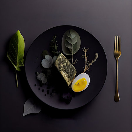some food on a black plate with a fork and knife next to the plate there is a piece of egg. Generative AIの素材