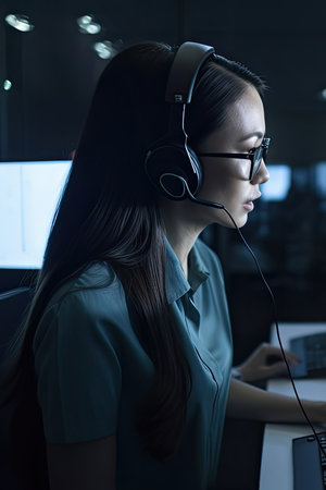 a woman wearing headphones while working on her computer in the dark office, she is looking away from the camera. Generative AIの素材