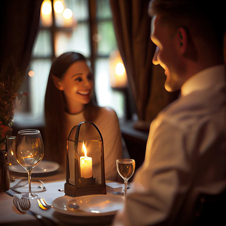 a man and woman sitting at a table with candles in front of them as they look into each other peoples eyes. Generative AIの素材