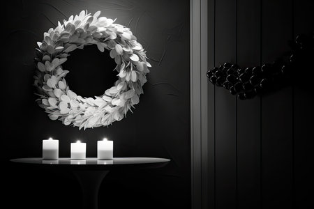 two candles sitting on top of a table in front of a black wall with white flowers and leaves around it. Generative AIの素材