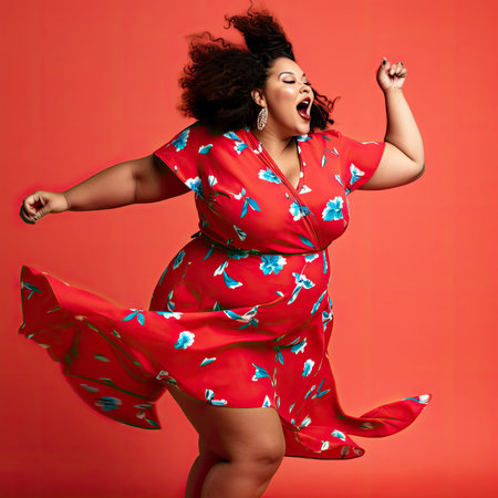 a woman in a red dress with her arms up and legs spread out, while she is dancing on an orange background. Generative AIの素材