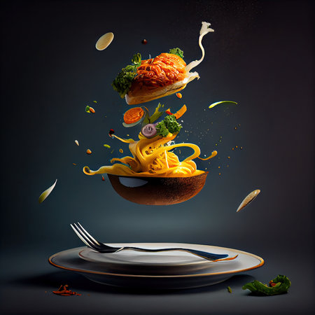 food flying out of a bowl on top of a plate with a fork and spoon in front of the dish. Generative AIの素材