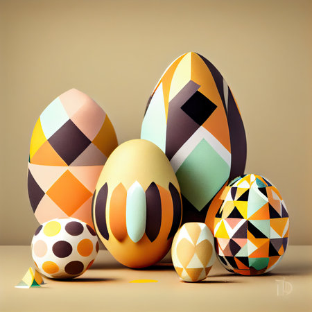colorful easter eggs with geometric shapes on the top, and an egg in the middle is surrounded by smaller ones. Generative AIの素材