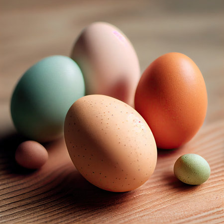 three eggs on a table with one green egg in the middle and two brown ones at the other are sitting next to each other. Generative AIの素材