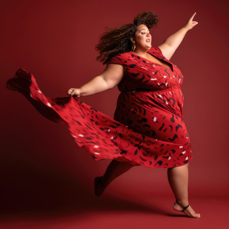 a woman in a red dress with her arms spread out and she is dancing on the dancefloored floor. Generative AIの素材