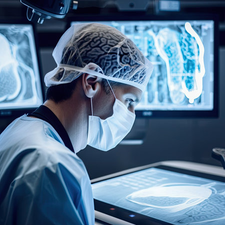 a doctor looking at an x - ray image on a computer screen in the background is a brain scan and two monitors are visible. Generative AIの素材