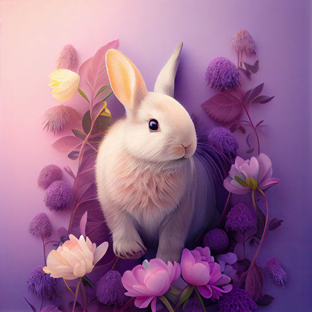a white rabbit surrounded by purple flowers and pink tulips on a lila background with the words happy easter. Generative AIの素材