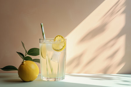 a lemon and a glass of water on a table with a shadow from the light coming in the window behind it. Generative AIの素材
