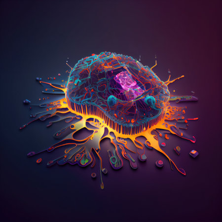 an exploding brain with colorful paint sping out the top and bottom, on a dark purple background stock photo. Generative AIの素材