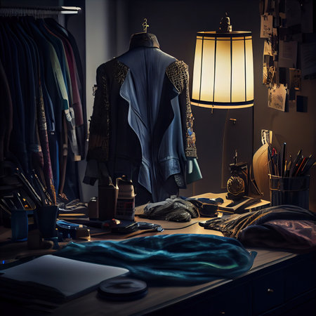 an office desk with clothes on it and a lamp hanging over the desk, which is lit by a dim light. Generative AIの素材