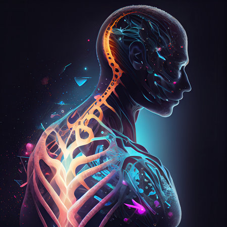 a womans body with colorful lines and shapes on it, in the shape of an abstract human figure. Generative AIの素材