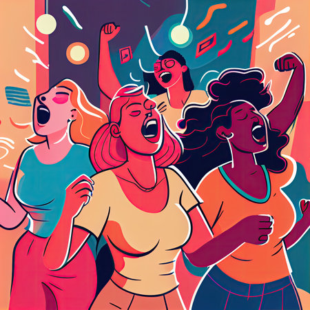 three women dancing in front of an orange background with the words,i love yous my friend . Generative AIの素材