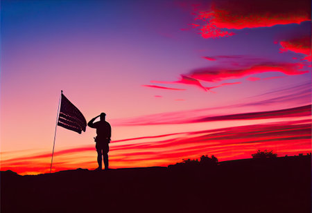 a person standing on top of a hill with a flag in front of the sun setting behind them and red clouds. Generative AIの素材