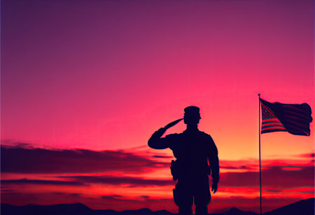 a soldier saluteing the american flag on top of a mountain at sunset with an american flag flying in the background. Generative AIの素材