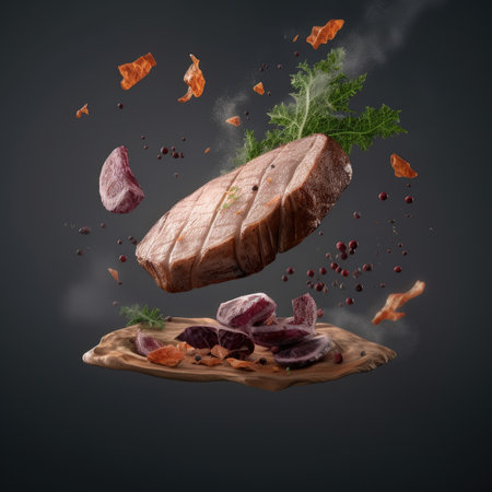a piece of meat flying in the air with vegetables and herbs around it on a wooden cutting board against a black background. Generative AIの素材