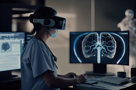 a person wearing virtual headsets in front of a computer screen with an image of a brain scan on it. Generative AIの素材