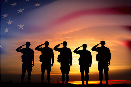 the silhouettes of three men in front of an american flag, with the sun setting behind them to the horizon. Generative AIの素材