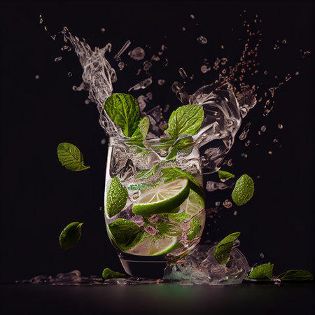 a glass filled with ice and mints, splashing into the glass on a black background in this image. Generative AIの素材