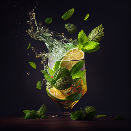 a glass filled with water and some mint leaves flying around it, on a dark background that appears like an explosion. Generative AIの素材