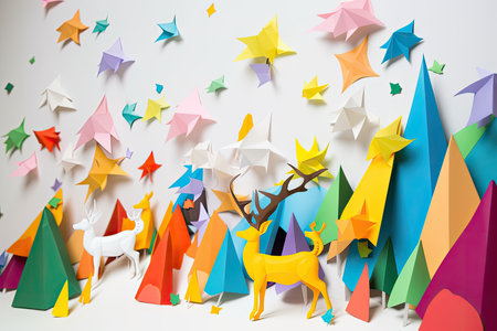 some colorful origaal paper animals with one standing in front of the other animal, and two deers. Generative AIの素材