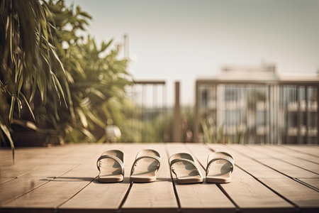 two pairs of shoes sitting on a wooden table in front of a cityscaing area with trees and buildings. Generative AIの素材